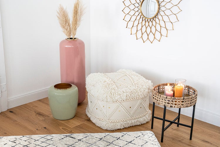 Pouf Hocker handgefertigt Creme Quadrat 50 cm