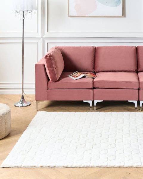 Wohnzimmer mit rosafarbenem Sofa, Stehlampe und Teppich