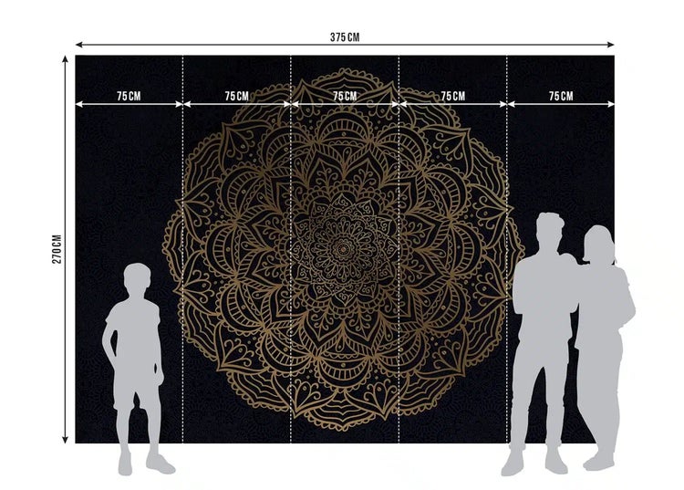 Fototapete mit goldenem Mandala-Motiv, Breite 375 Zentimeter, Höhe 270 Zentimeter, 5 Bahnen zu je 75 Zentimeter.