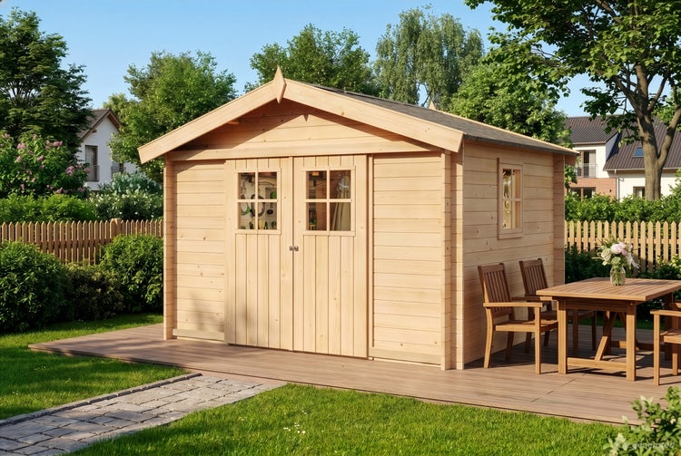 Holzgartenhaus mit Satteldach und Doppeltür auf einer Holzterrasse in einem Garten mit Sitzgruppe im Freien.