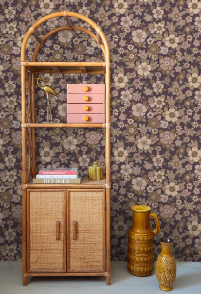 ESTAhome Tapete Retro Blumen Dunkelviolett und Beige - 50 x 900 cm - 131529
