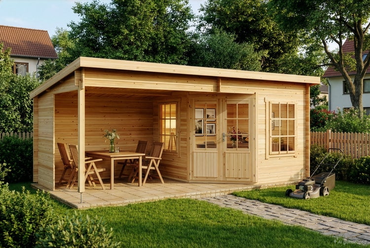 Holzgartenhaus mit integrierter Terrasse, Tisch und Stühlen auf gepflastertem Boden im Garten, Rasenfläche mit Rasenmäher im Vordergrund.