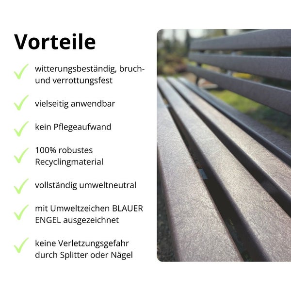 Infografik zeigt Vorteile einer Gartenbank aus Recyclingmaterial: witterungsbeständig, pflegefrei, umweltneutral und mit Blauer Engel Siegel.