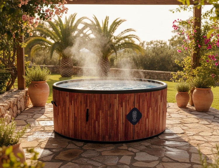 Runder aufblasbarer Whirlpool in Holzoptik mit dampfendem Wasser auf einer Steinterrasse in einem hellen Garten mit Palmen, COCO SPA Logo.