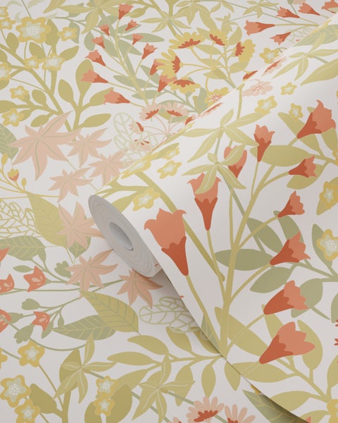 ESTAhome Tapete Feldblumen Grün, Rosa und Ockergelb - 50 x 900 cm - 131349