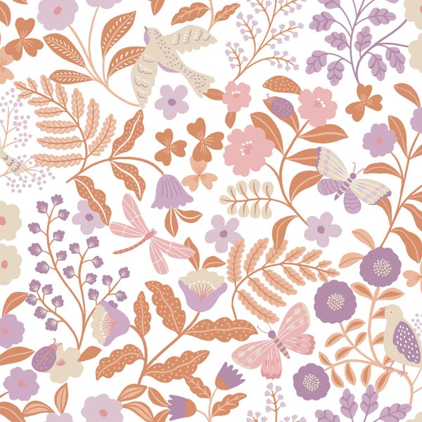 ESTAhome Tapete Blumen und Vögel Violett und Terrakotta - 53 cm x 10.05 m - 131392