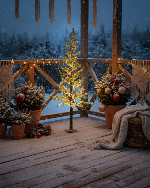 Dekorierte Terrasse mit beleuchtetem Weihnachtsbaum und bepflanzten Töpfen im Schnee