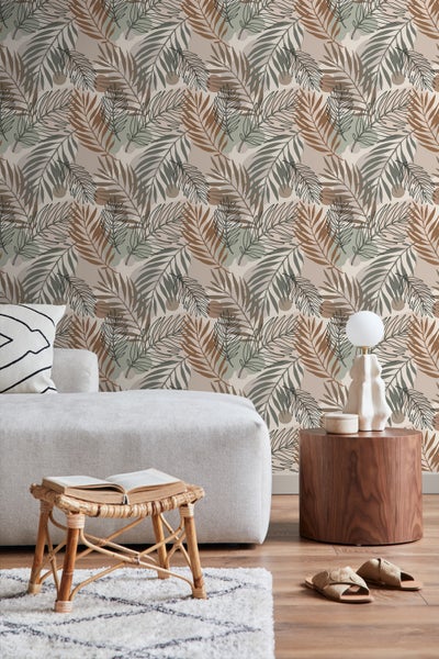 ESTAhome Tapete Blätter Beige und Graugrün - 50 x 900 cm - 139822