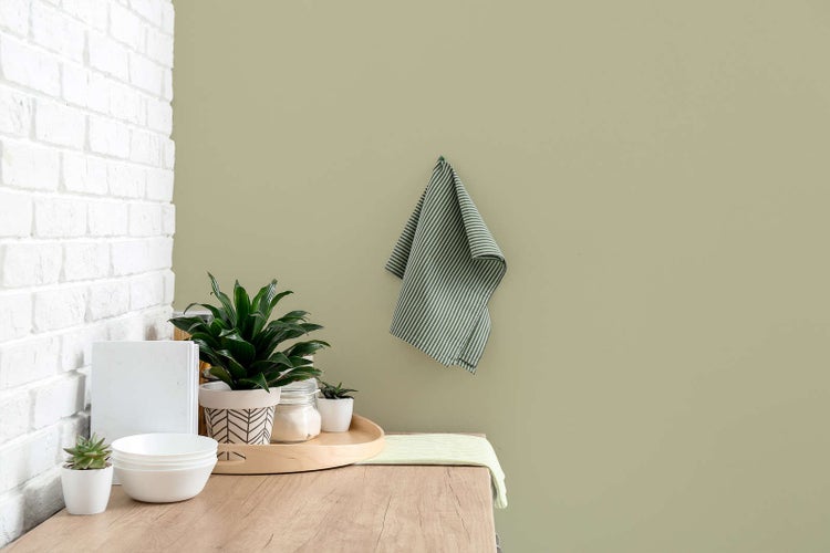 Matt gestrichene Wand in einer hellen Küche mit einer Arbeitsplatte aus Holz, verschiedenen Zimmerpflanzen und Küchenutensilien.