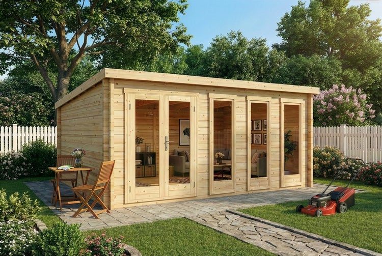 Modernes Gartenhaus aus Holz mit Flachdach, Glastüren und drei großen Fenstern in einem hellen Garten.