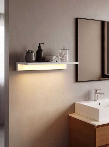 Wandregal mit integrierter LED Beleuchtung in einem modernen Badezimmer dekoriert mit Badutensilien und Handtüchern.