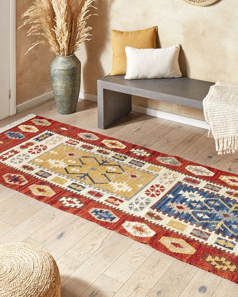 Kelim Teppich Wolle mehrfarbig 80 x 300 cm orientalisches Muster Kurzflor VOSKEHAT