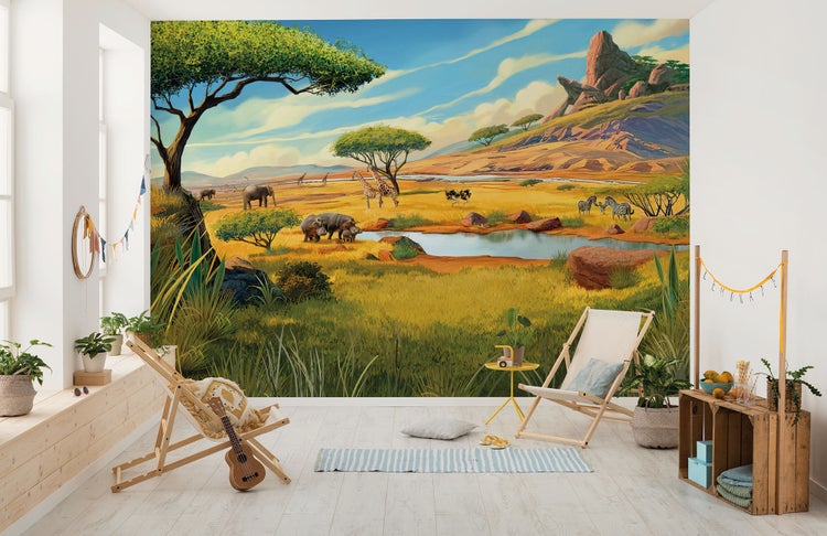 Wandbild mit afrikanischer Savannenlandschaft im Interieur mit Tieren