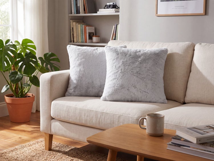 Zwei weiche Dekokissen mit Webpelz Optik auf einem hellen Sofa in einem modern eingerichteten Wohnzimmer mit Zimmerpflanze und Couchtisch.