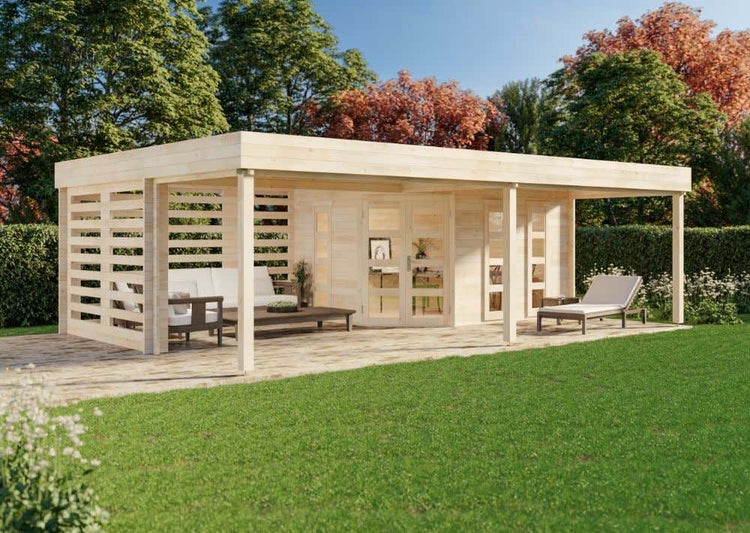 Alpholz Gartenhaus Panama-40 Gartenhaus aus Holz in natur, Holzhaus mit 40 mm Wandstärke inklusive Terrasse, Blockbohlenhaus mit Montagematerial imprägniert