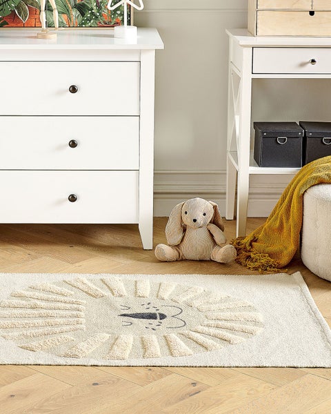 Kinderteppich Baumwolle beige Löwenmuster 80 x 150 cm BALARI