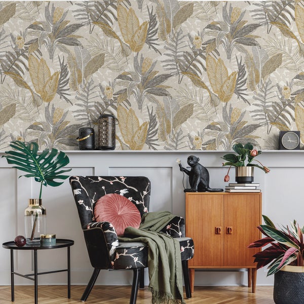 Sanders und Sanders Tapete Blätter Beige, Grau und Gelb - 53 cm x 10 m - 640237