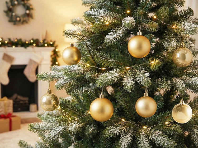 Dekorierter Weihnachtsbaum mit goldenen Kugeln, künstlichem Schnee und LED-Lichtern vor hellem Hintergrund mit Kamin und Weihnachtsstrümpfen.