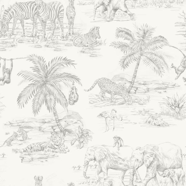 Origin Wallcoverings Tapete Dschungeltiere Weiß und Silbergrau - 53 cm x 10.05 m - 347692