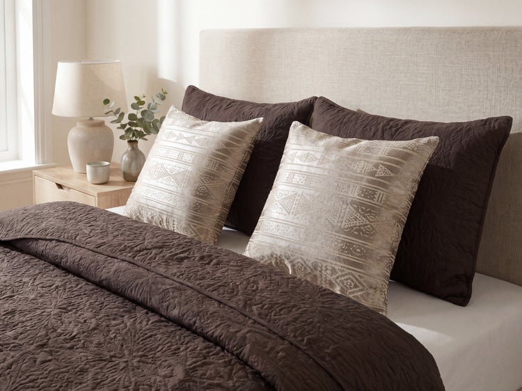 Ein ordentlich gemachtes Bett mit gesteppter dunkler Tagesdecke, passenden Kissen und gemusterten Zierkissen vor einem gepolsterten Kopfteil.