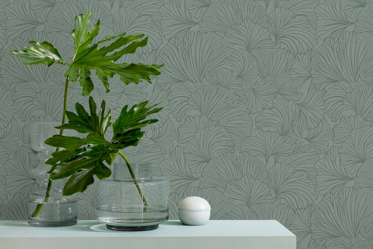 ESTAhome Tapete Ginkgoblätter Graugrün - 53 cm x 10.05 m - 139616