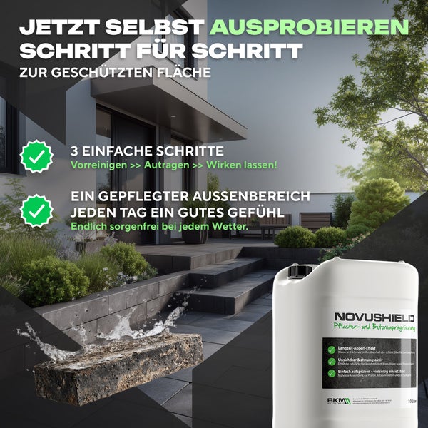 Novushield Pflaster- und Betonimprägnierung im 10 Liter Kanister vor einer modernen Terrasse mit Steintreppe und gepflegtem Gartenbereich.