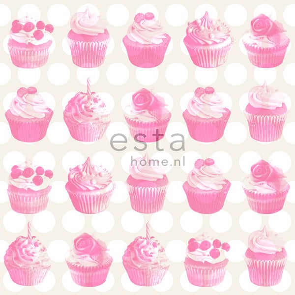 ESTAhome Tapete Cupcakes auf glänzenden Punkten Rosa - 53 cm x 10.05 m - 138723