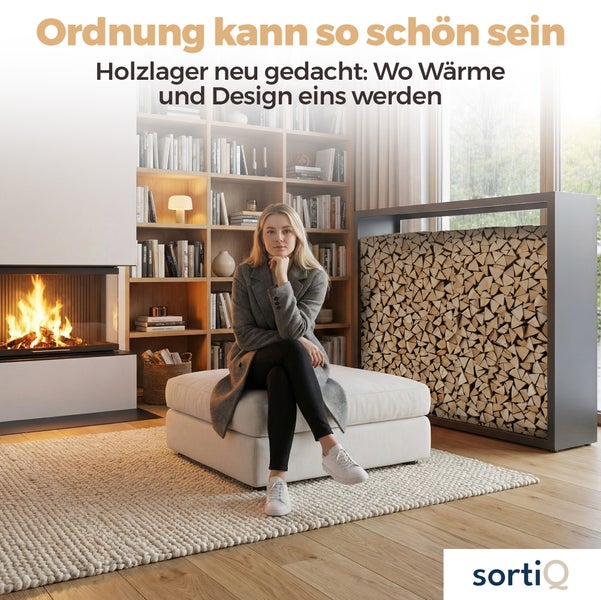 Modernes Brennholzregal aus Metall von SortiQ in einem hellen Wohnzimmer mit brennendem Kamin, Bücherregal und weißem Sitzhocker.