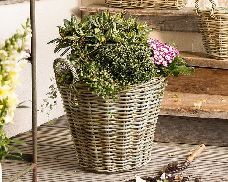 Dekoleidenschaft Pflanzkorb Rustikal Ø 45x40 cm groß, aus Rattan, rund, grau, Blumentopf, Pflanzkübel, Pflanztopf für Draußen, Blumenkübel