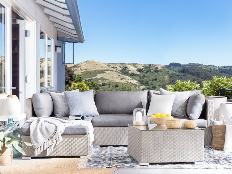 Garten Ecksofa mit Tisch 4-Sitzer SANO II linksseitig modular Polyrattan Hellgrau