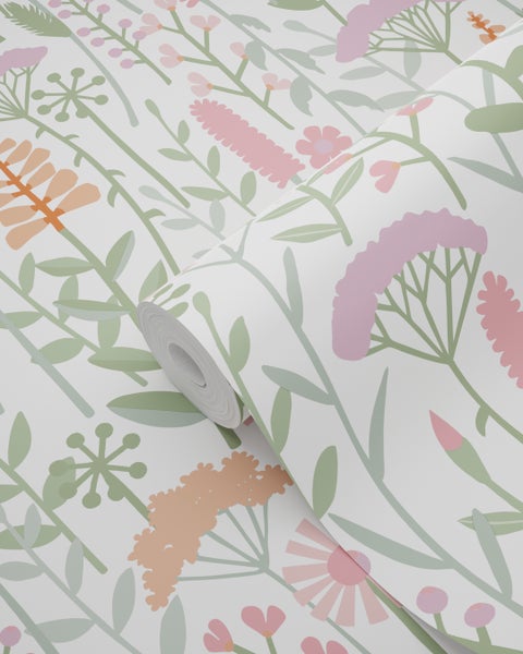 ESTAhome Tapete Feldblumen Grün, Weiß und Rosa - 50 x 900 cm - 131550