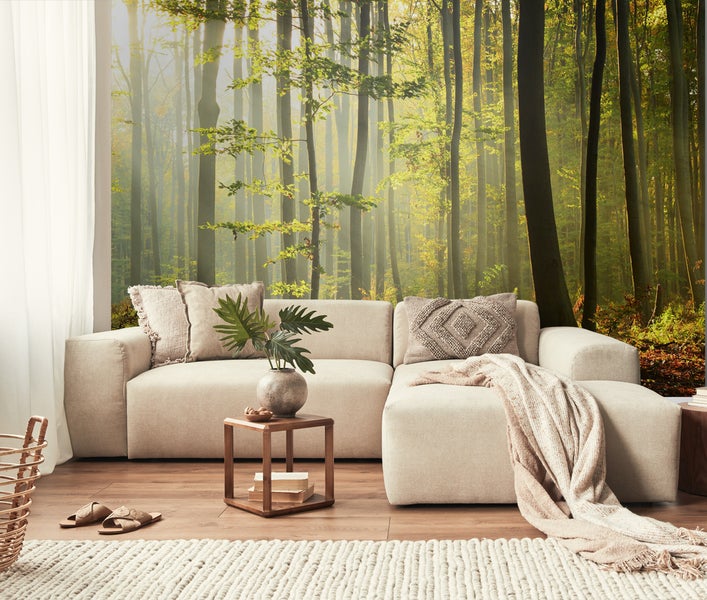 Wohnzimmer mit Sofa und Waldtapete für eine helle und natürliche Atmosphäre