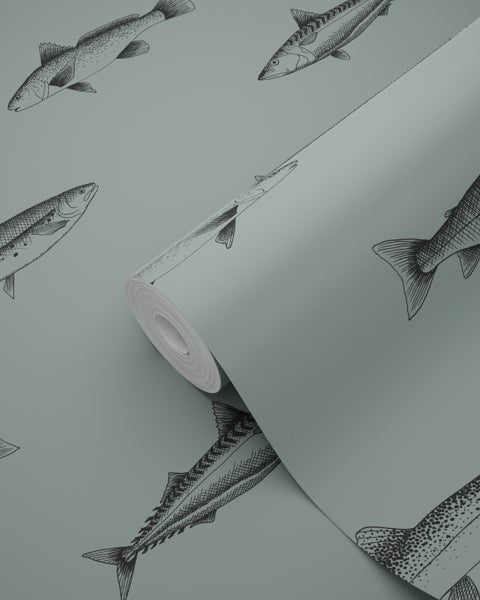 ESTAhome Tapete Federzeichnung Fisch Graugrün und Schwarz - 53 cm x 10.05 m - 128874