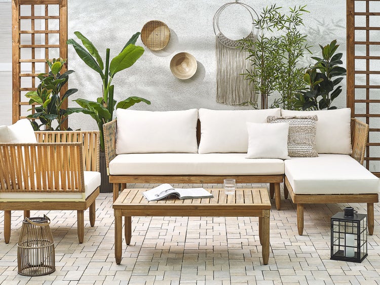 Lounge Set mit Tisch 4-Sitzer CREMONA linksseitig Akazienholz Cremeweiß