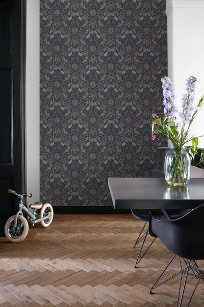 ESTAhome Tapete Blumen und Vögel Dunkelblau und Altrosa - 53 cm x 10.05 m - 139832