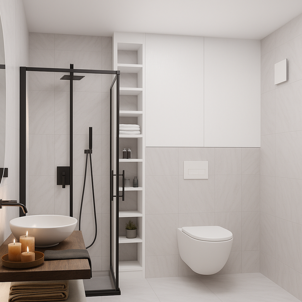 Helles Badezimmer mit Dusche, Waschbecken, Toilette und Stauraum