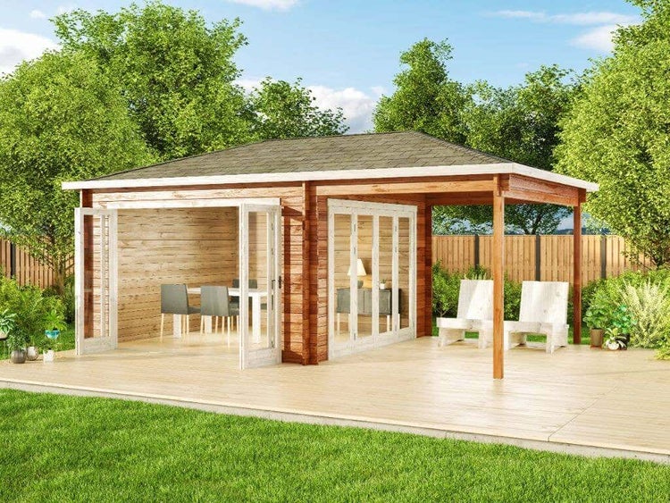 Alpholz Gartenhaus Sunshine ISO mit Schleppdach Gartenhaus aus Holz in natur, Holzhaus mit 40 mm Wandstärke inklusive Terrasse, Blockbohlenhaus mit Montagematerial imprägniert 6x3,7m