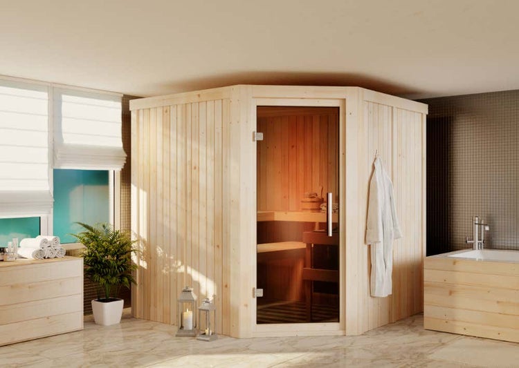 FinnTherm Innensauna Ina mit Eckeinstieg aus Holz Innensauna mit 68 mm Wandstärke Saunakabine Infrarotsauna