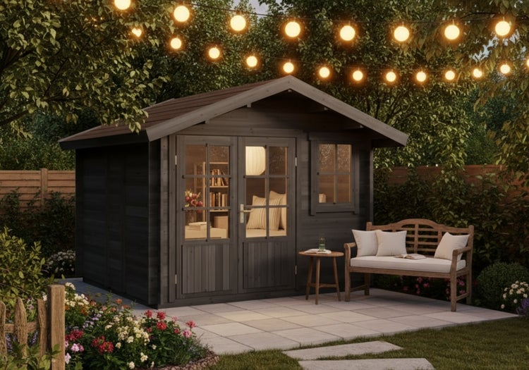 Gartenhaus aus Holz mit Fenster, Tür und Bank im Garten