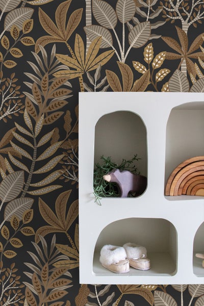 ESTAhome Tapete Blätter Schwarz, Braun und Beige - 50 x 900 cm - 139682