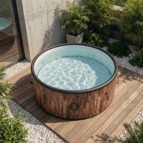 Runder Whirlpool mit Verkleidung in Holzoptik auf einer Holzterrasse in einem Garten mit Pflanzen und weißem Kies.