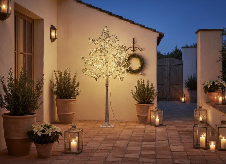 Dekorativer Außenbereich mit beleuchtetem Baum, Laternen und Pflanzen in Töpfen