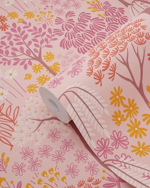 ESTAhome Tapete Bäumen und Blumen Rosa, Lila und Orange - 50 x 900 cm - 131188