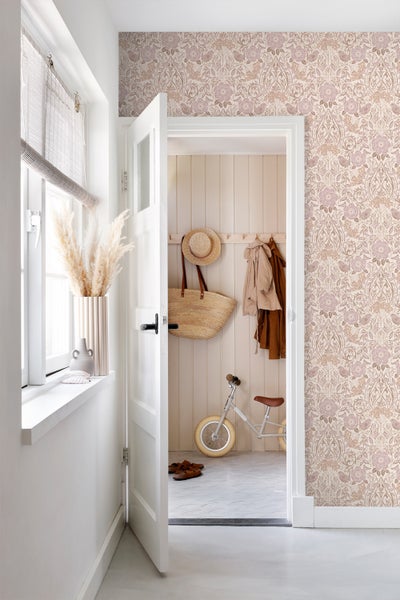 ESTAhome Tapete Blumen und Vögel Sandbeige und Violett - 53 cm x 10.05 m - 139829