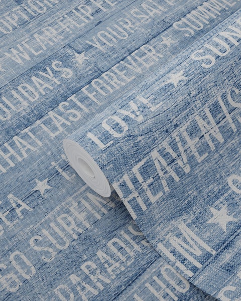 ESTAhome Tapete sommerliche Texte Blau - 53 cm x 10.05 m - 148643