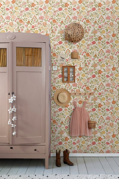 ESTAhome Tapete Blumen Rosa, Grün, Gelb und Orange - 50 x 900 cm - 131326