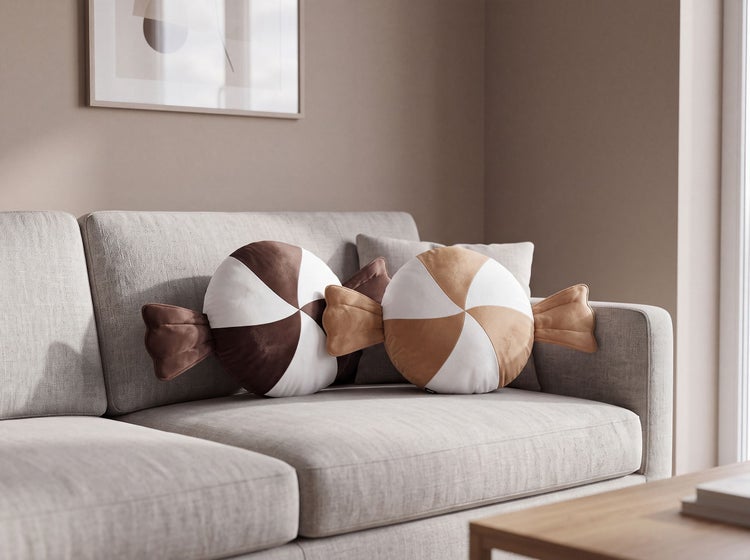 Zwei bonbonformige Dekokissen aus Textil liegen auf einem Sofa in einem modern eingerichteten Wohnzimmer.