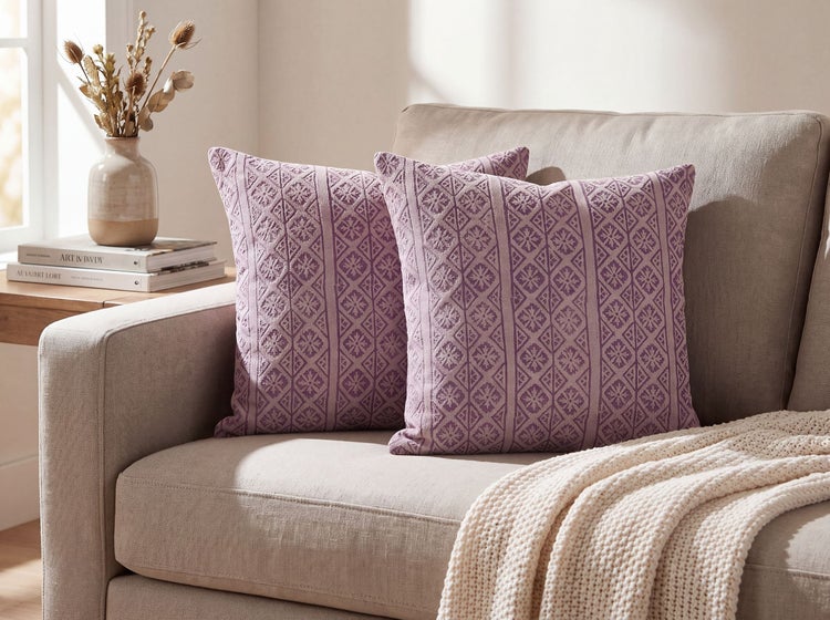 Zwei quadratische Dekokissen mit strukturiertem Blumenmuster auf einem Sofa mit einer hellen Decke und einer Vase mit Trockenblumen.