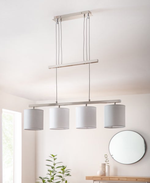 4er Pendelleuchte TILDE, klassische Pendellampe aus Metall und Textil in Grau und Weiß, mit E27-Fassung, höhenverstellbar, 86 cm lang, ideal als Esszimmerleuchte