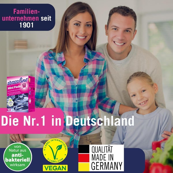 Werbebild für Abrazolino Mini Pads mit einer Familie in der Küche, veganes Siegel und Qualität aus Deutschland, Nummer eins in Deutschland.